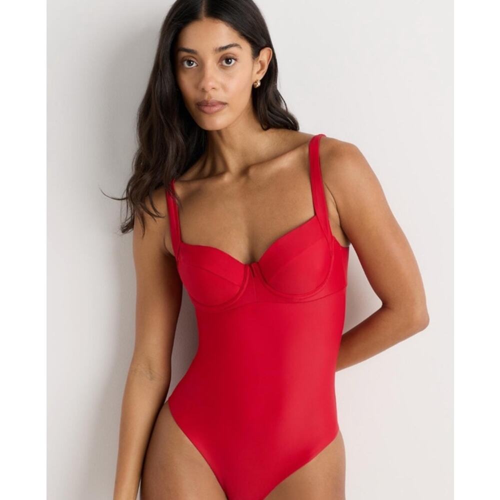 NWT Quince Italian Underwire One Piece Swimsuit S Cherry Red Bathing Suit UPF 50
